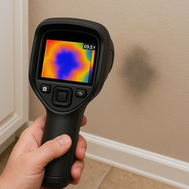 Thermal camera revealing cold moisture zone on wall